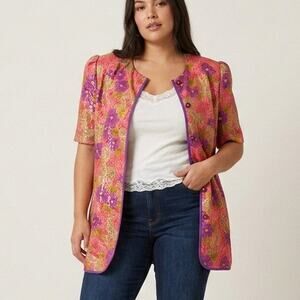 VTG CH Cheminee Tunic Top Purple Red Floral Size 16 80s Maximalist Glam Boho